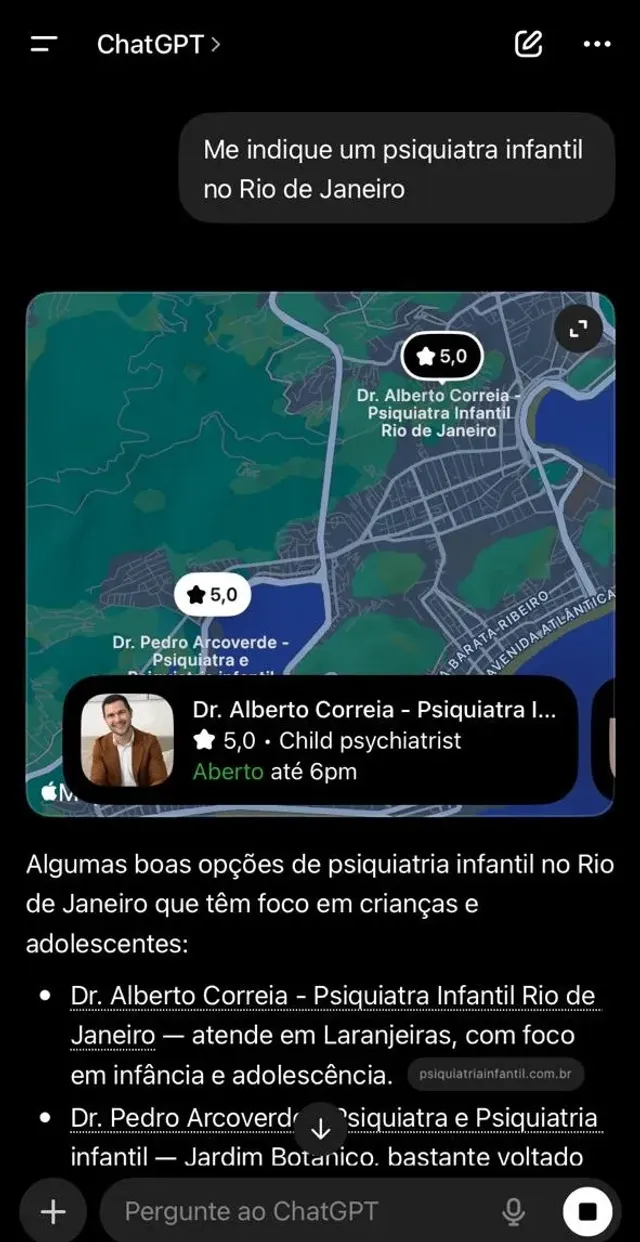ChatGPT indicando o Dr. Alberto Correia, psiquiatra infantil, para quem pediu um psiquiatra infantil no Rio de Janeiro