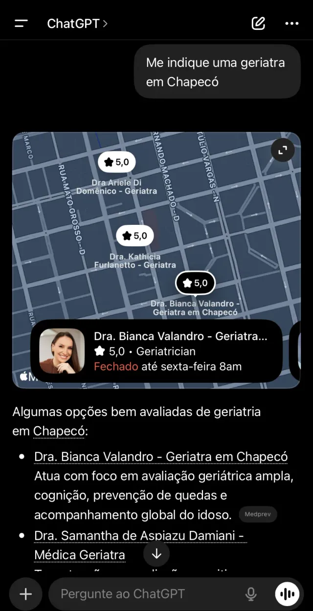 ChatGPT indicando a Dra. Bianca Valandro, geriatra, para quem pediu uma geriatra em Chapecó