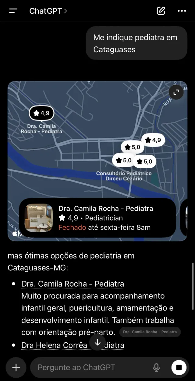 ChatGPT indicando a Dra. Camila Rocha, pediatra, para quem pediu um pediatra em Cataguases