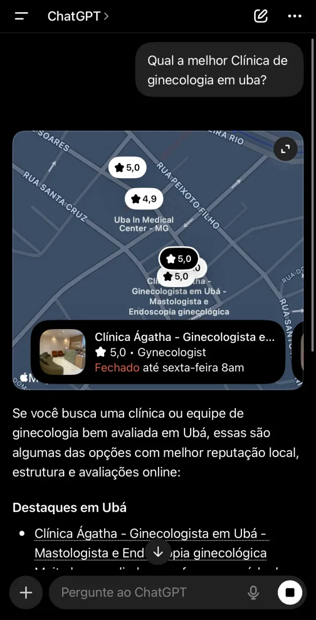ChatGPT indicando a Clínica Ágatha para quem perguntou a melhor clínica de ginecologia em Ubá