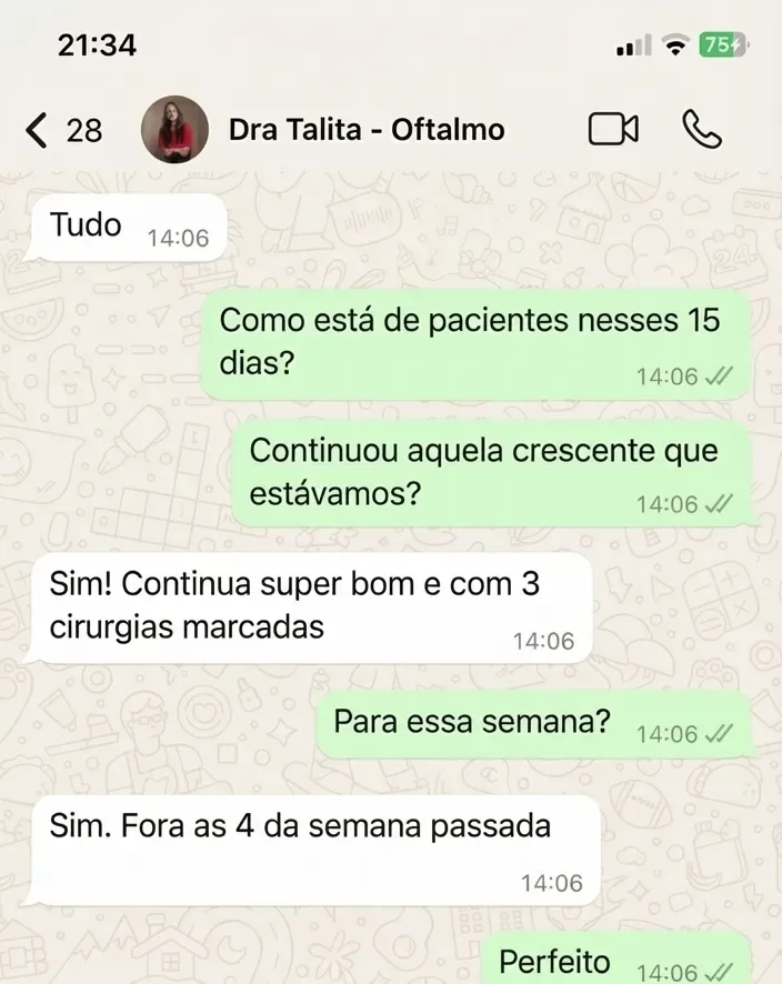 Print de WhatsApp: Dra. Talita diz que continua super bom, com 3 cirurgias marcadas além das 4 da semana anterior