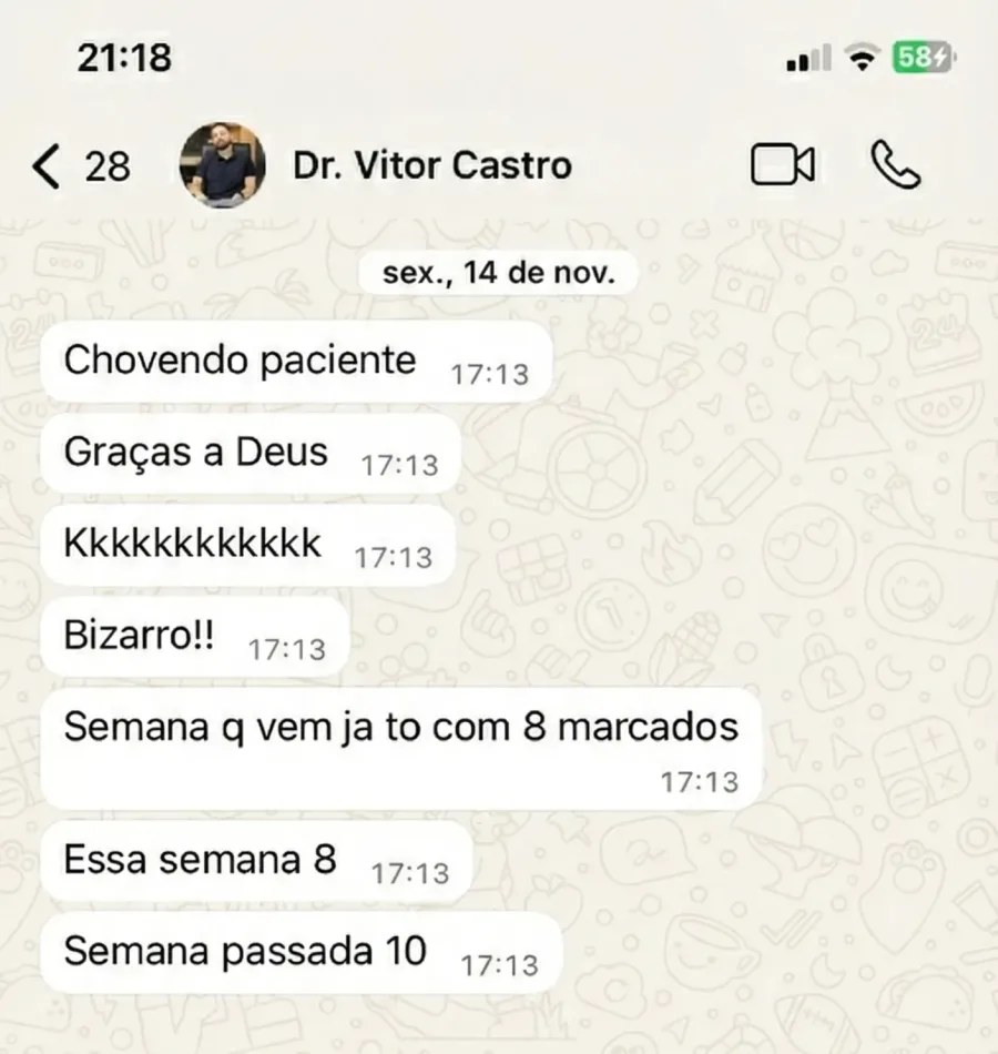 Print de WhatsApp: Dr. Vitor Castro diz que está chovendo paciente, com 8 a 10 consultas marcadas por semana