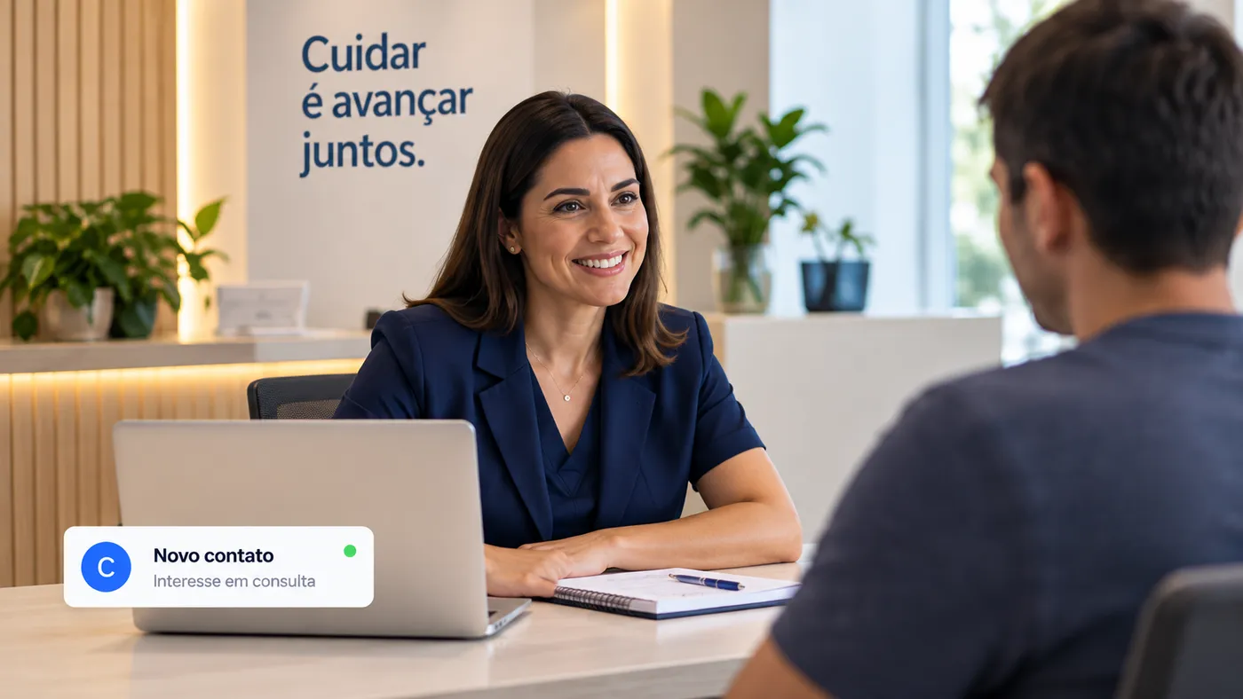 Recepcionista atendendo paciente com notificação de novo contato