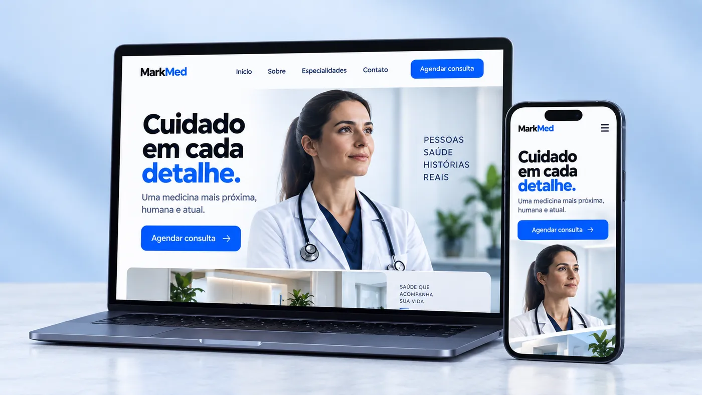 Site de clínica exibido em notebook e celular